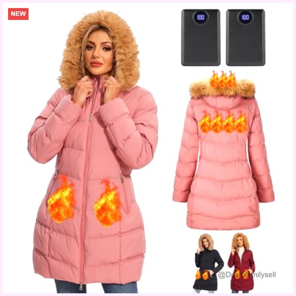 Heated Jacket with 2 Batteries & Faux Fur Hood, 4 Heating Zones - Picture 2 of 7